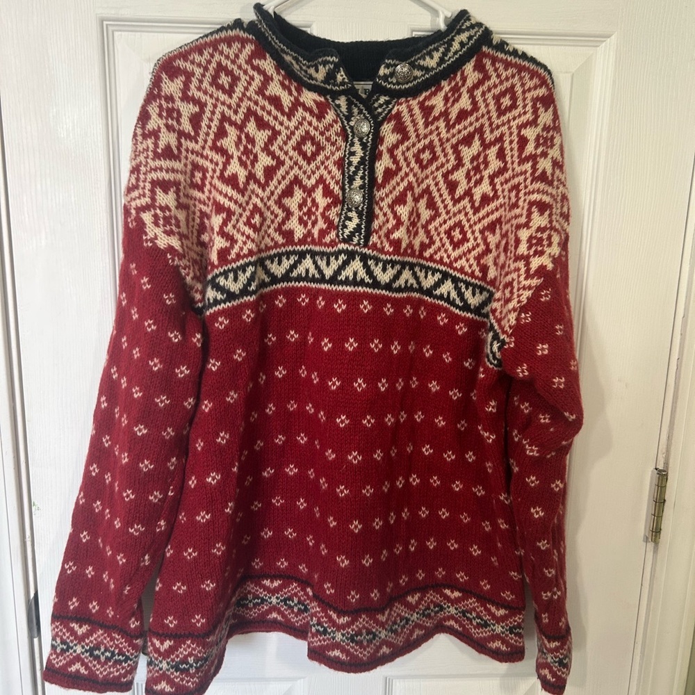 L.L. Bean Vintage Men’s Large red Nordic Fair Isle wool-blend sweater 1/4 button
